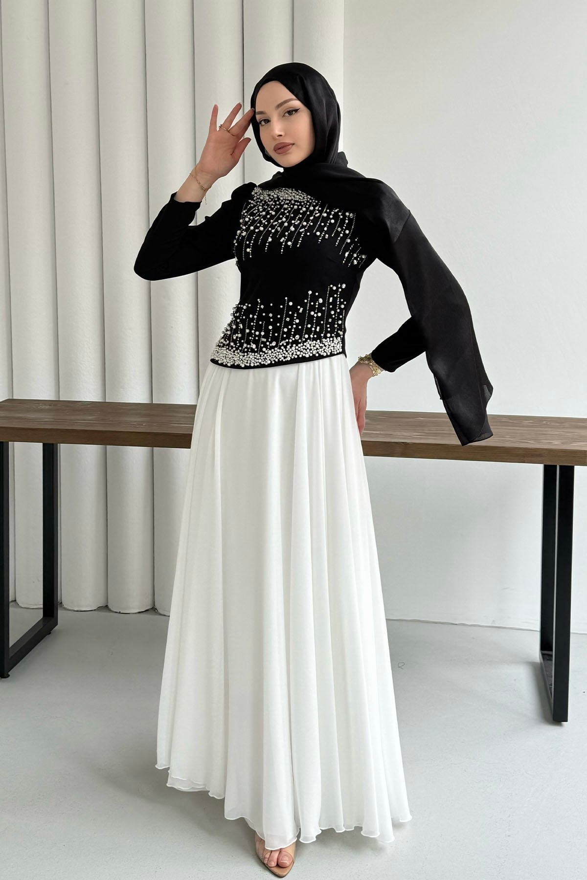 Stone-Embroidered Black Modest Evening Dress