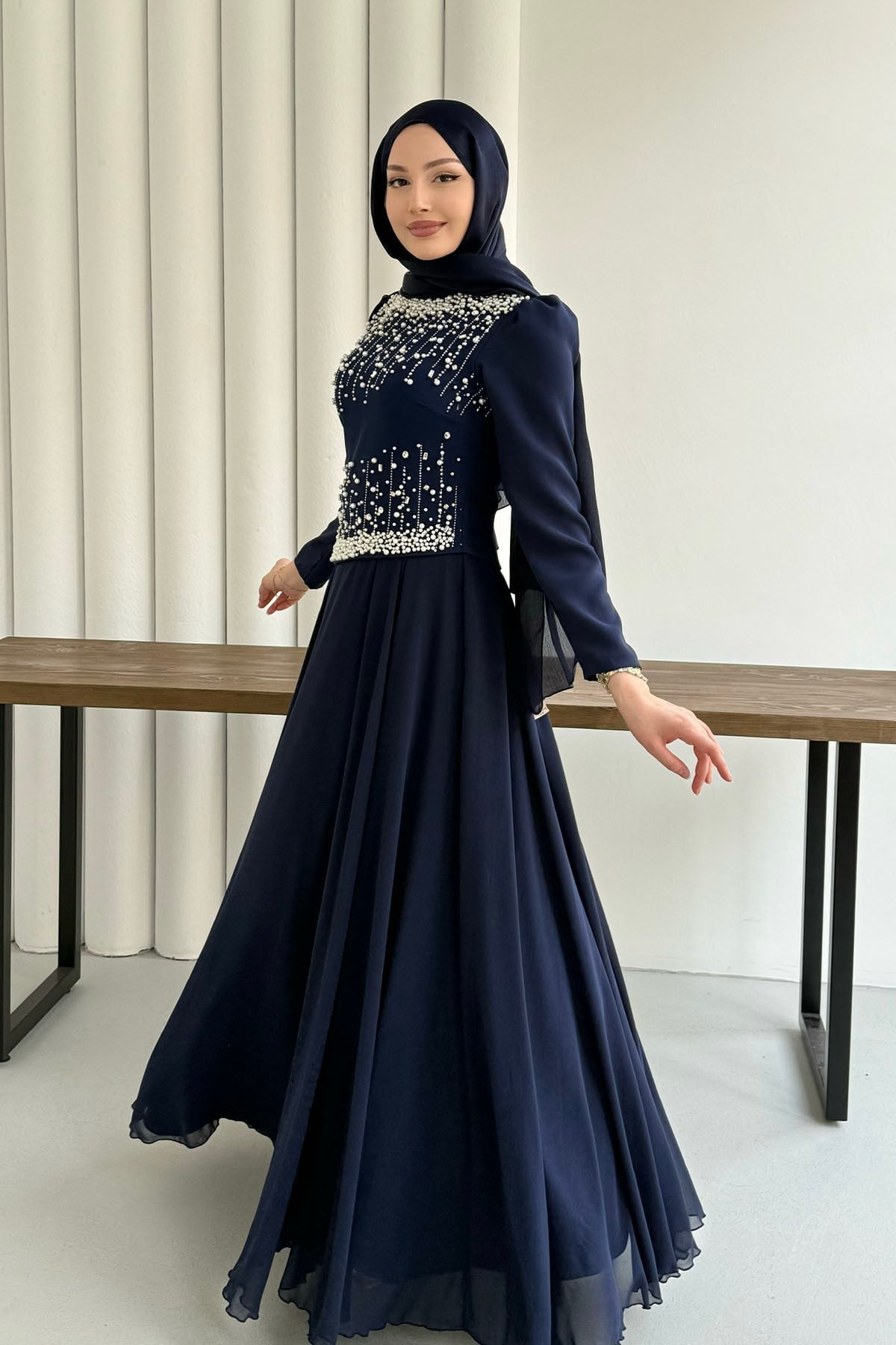 Stone-Embroidered Navy Blue Modest Evening Dress