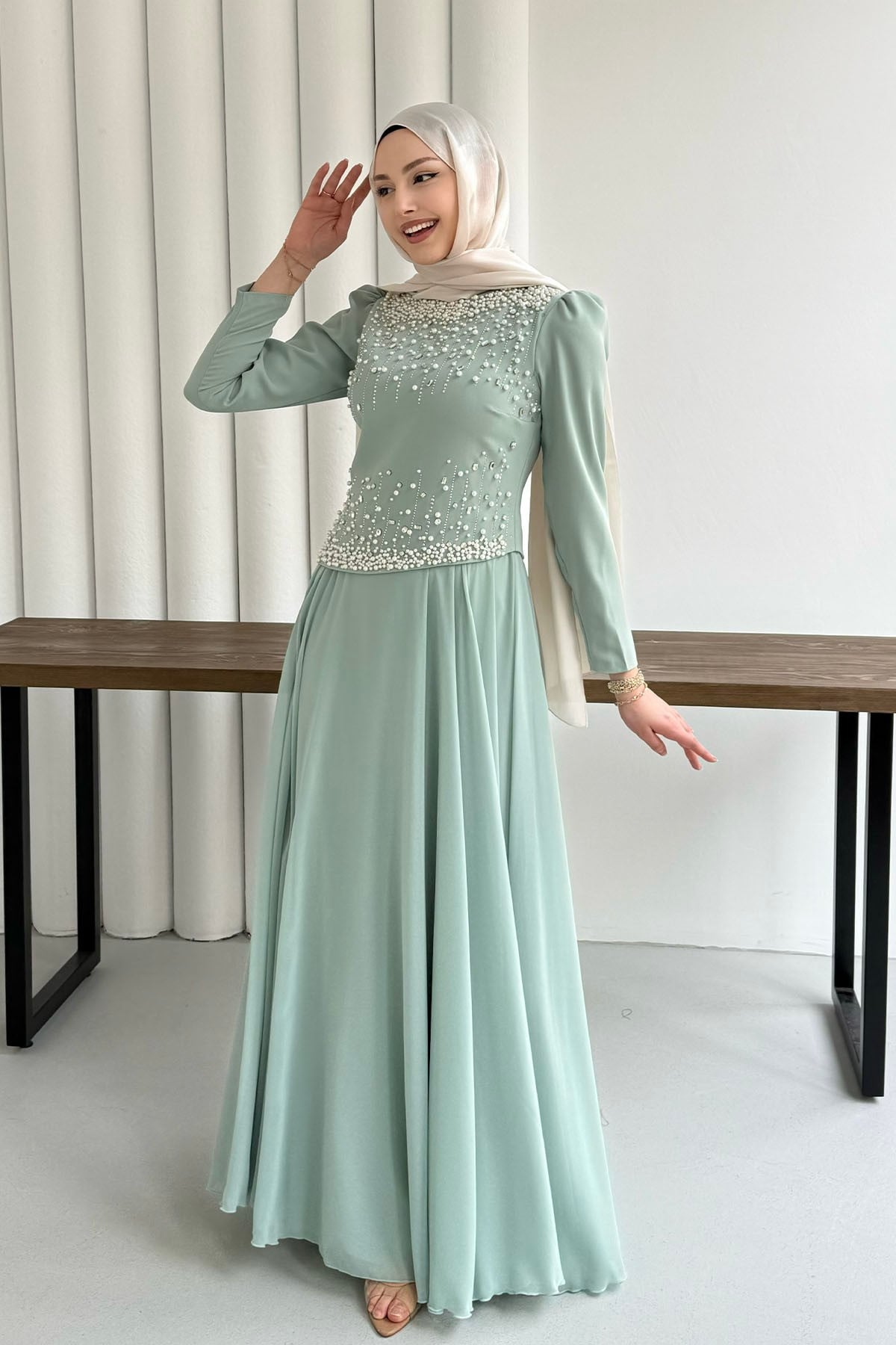 Stone-Embroidered Modest Evening Dress mint