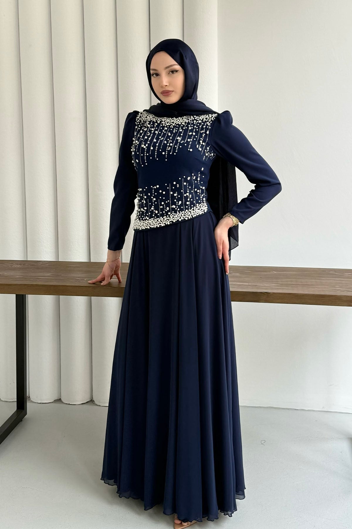 Stone-Embroidered Navy Blue Modest Evening Dress