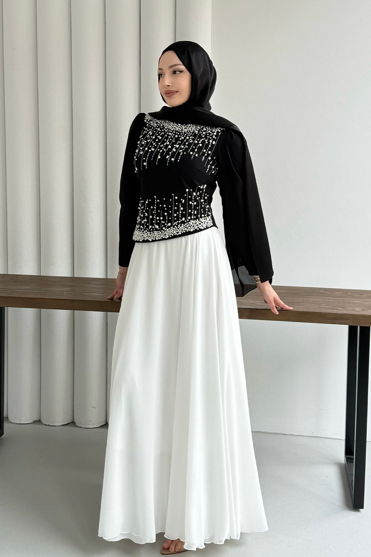 Stone-Embroidered Black Modest Evening Dress