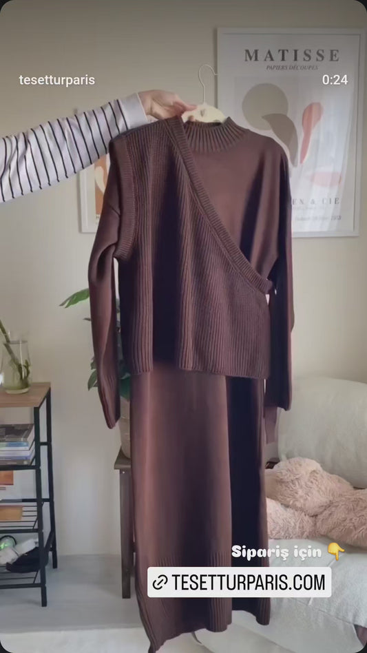 Yelekli triko elbise  kahverengi