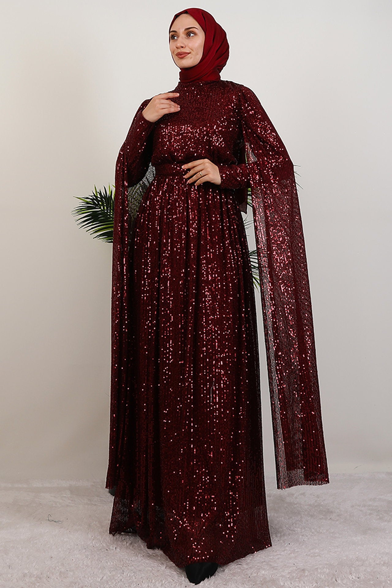 Burgundy Sequin Cape Evening Dress