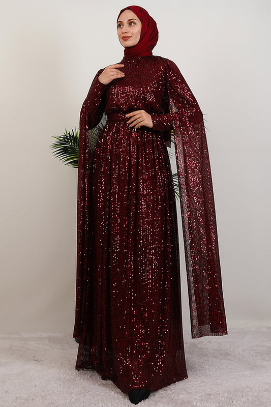 Burgundy Sequin Cape Evening Dress