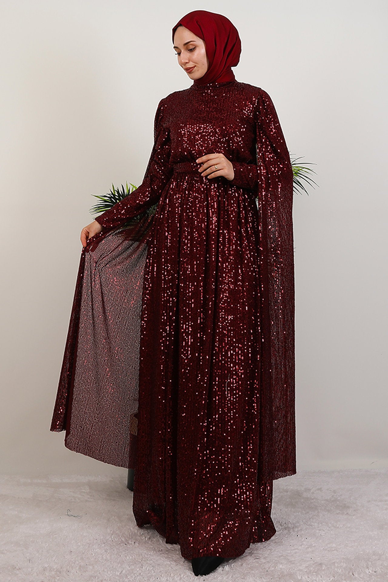 Burgundy Sequin Cape Evening Dress