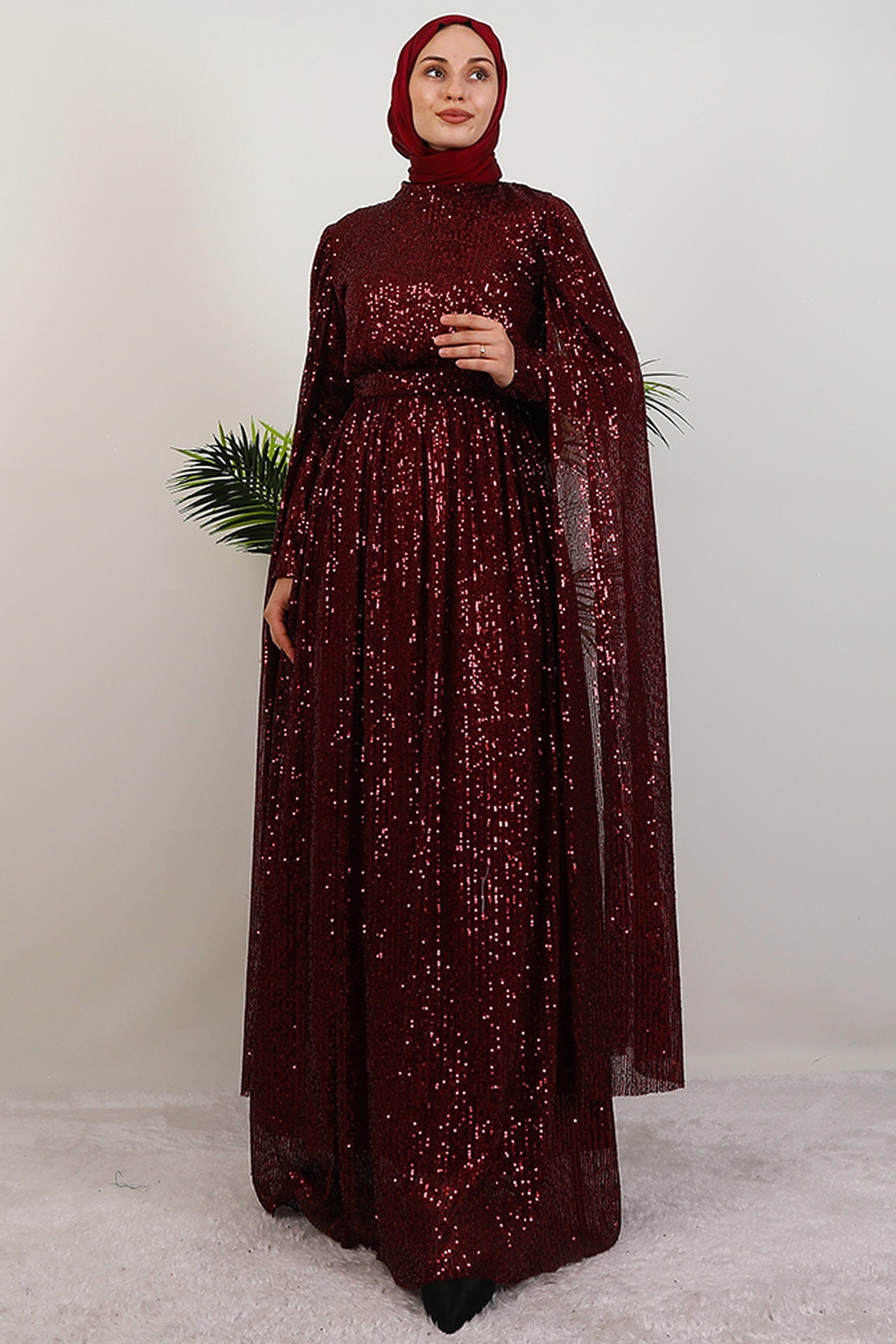 Burgundy Sequin Cape Evening Dress