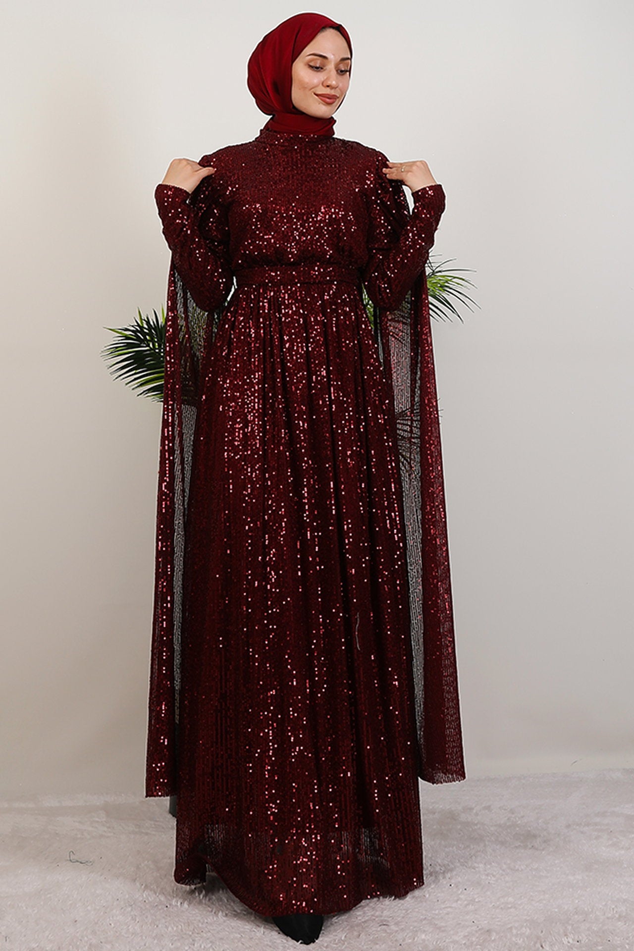 Burgundy Sequin Cape Evening Dress
