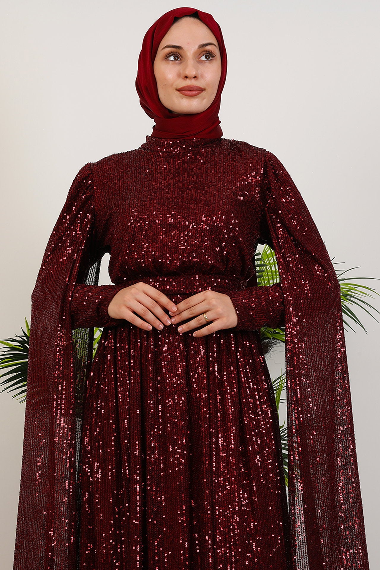 Burgundy Sequin Cape Evening Dress
