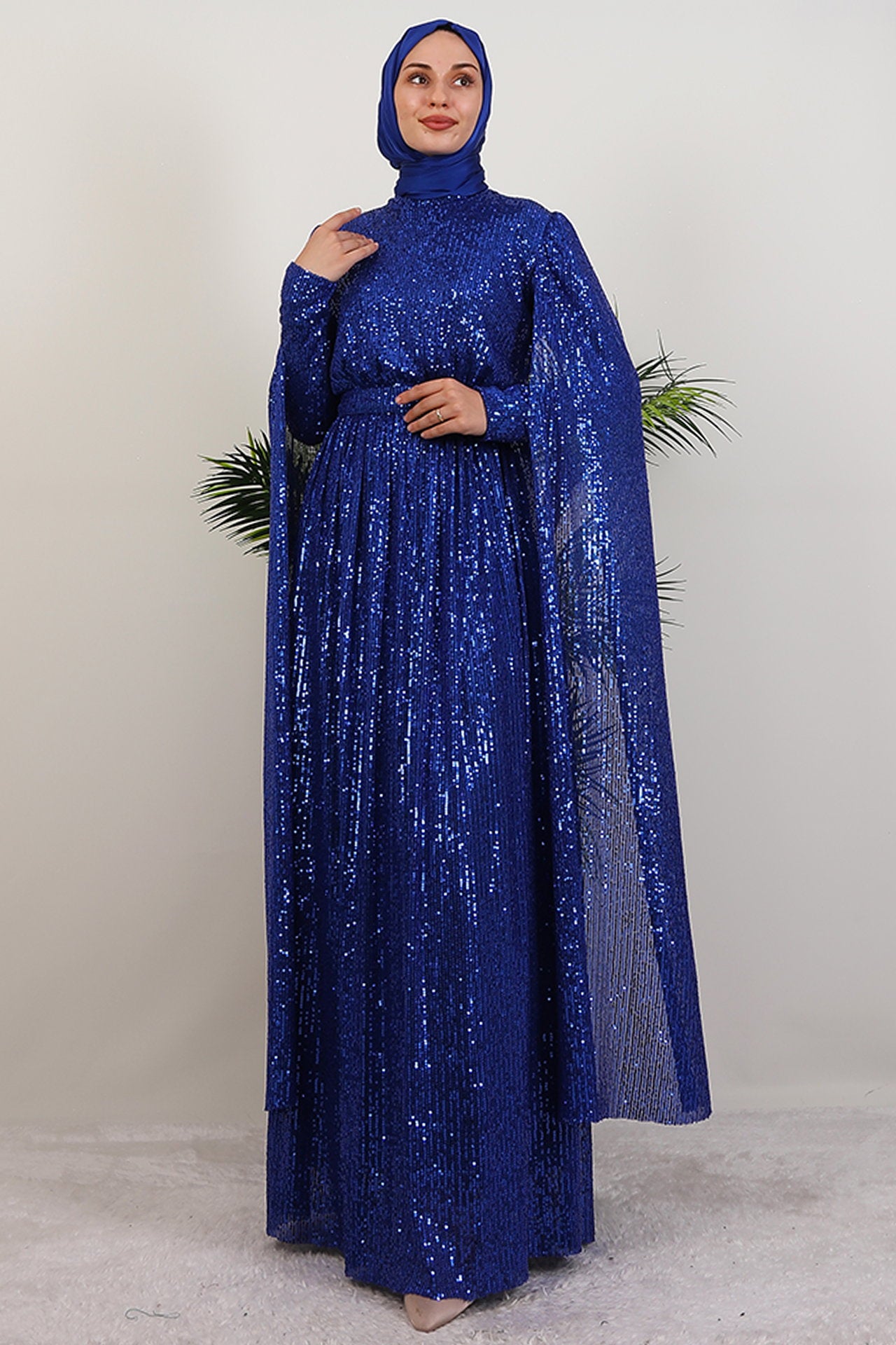 Sequin Evening Dress with Cape in Saks Blue