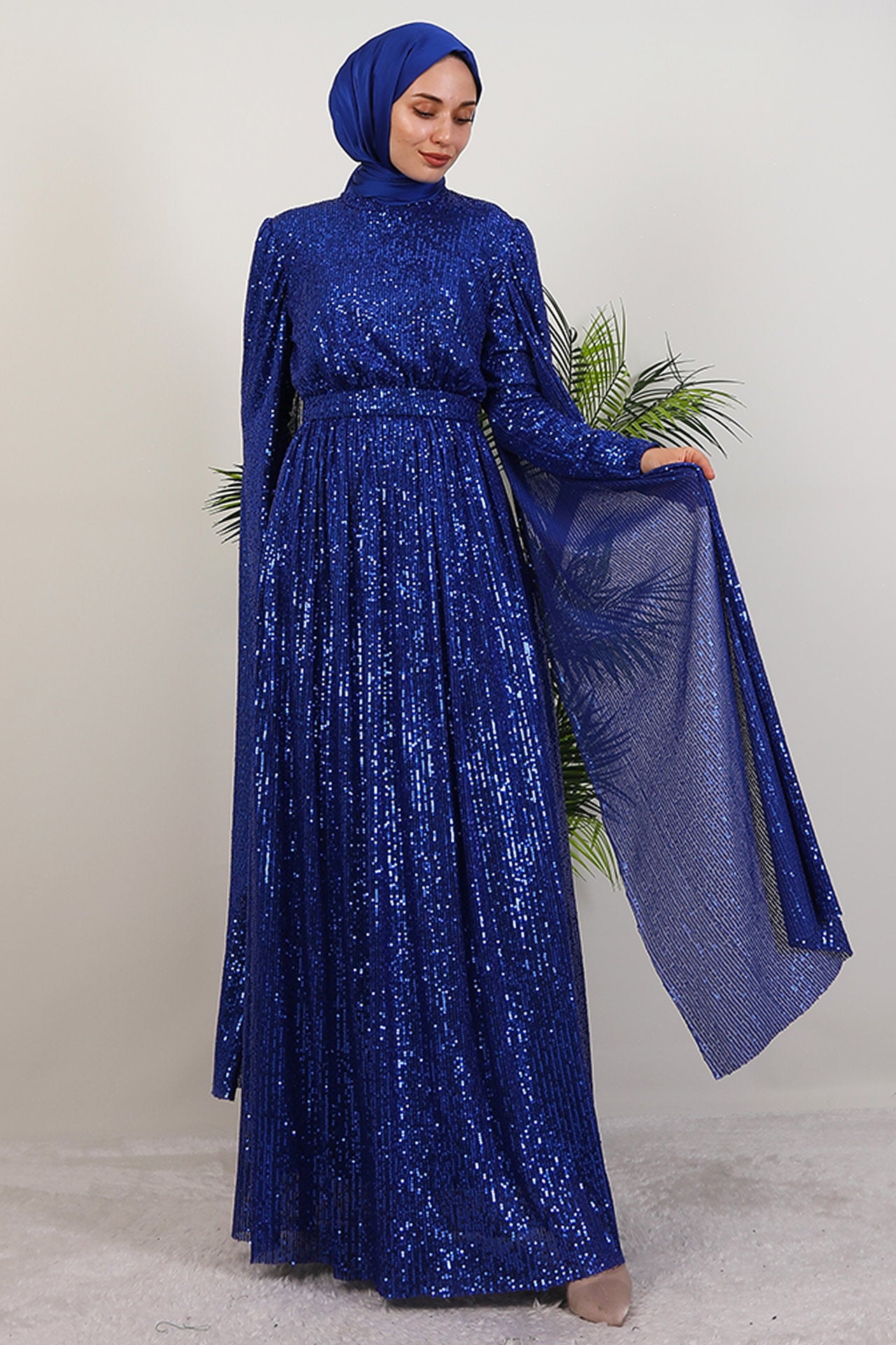 Sequin Evening Dress with Cape in Saks Blue