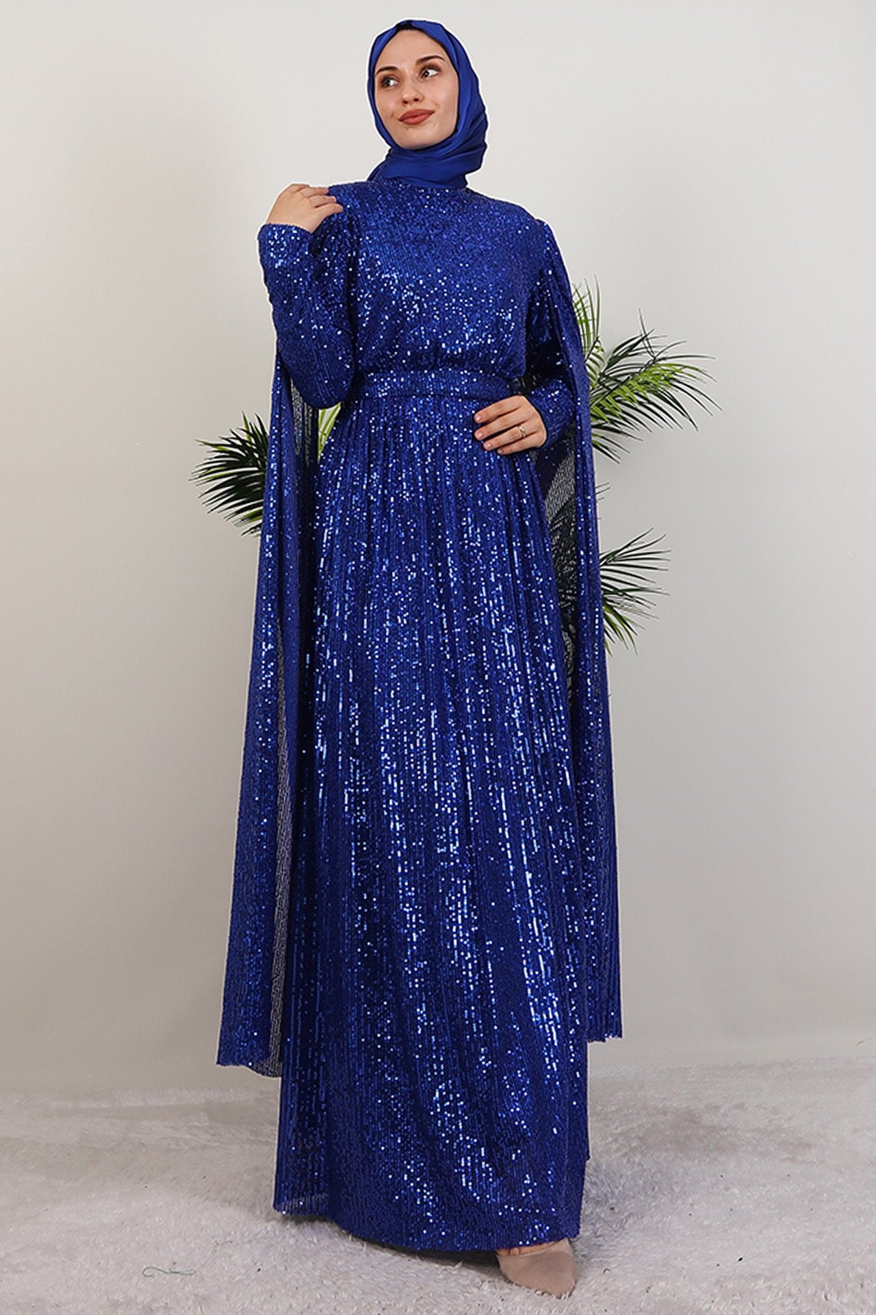Sequin Evening Dress with Cape in Saks Blue
