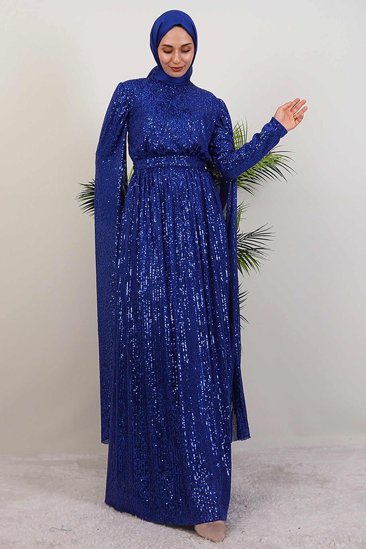 Sequin Evening Dress with Cape in Saks Blue