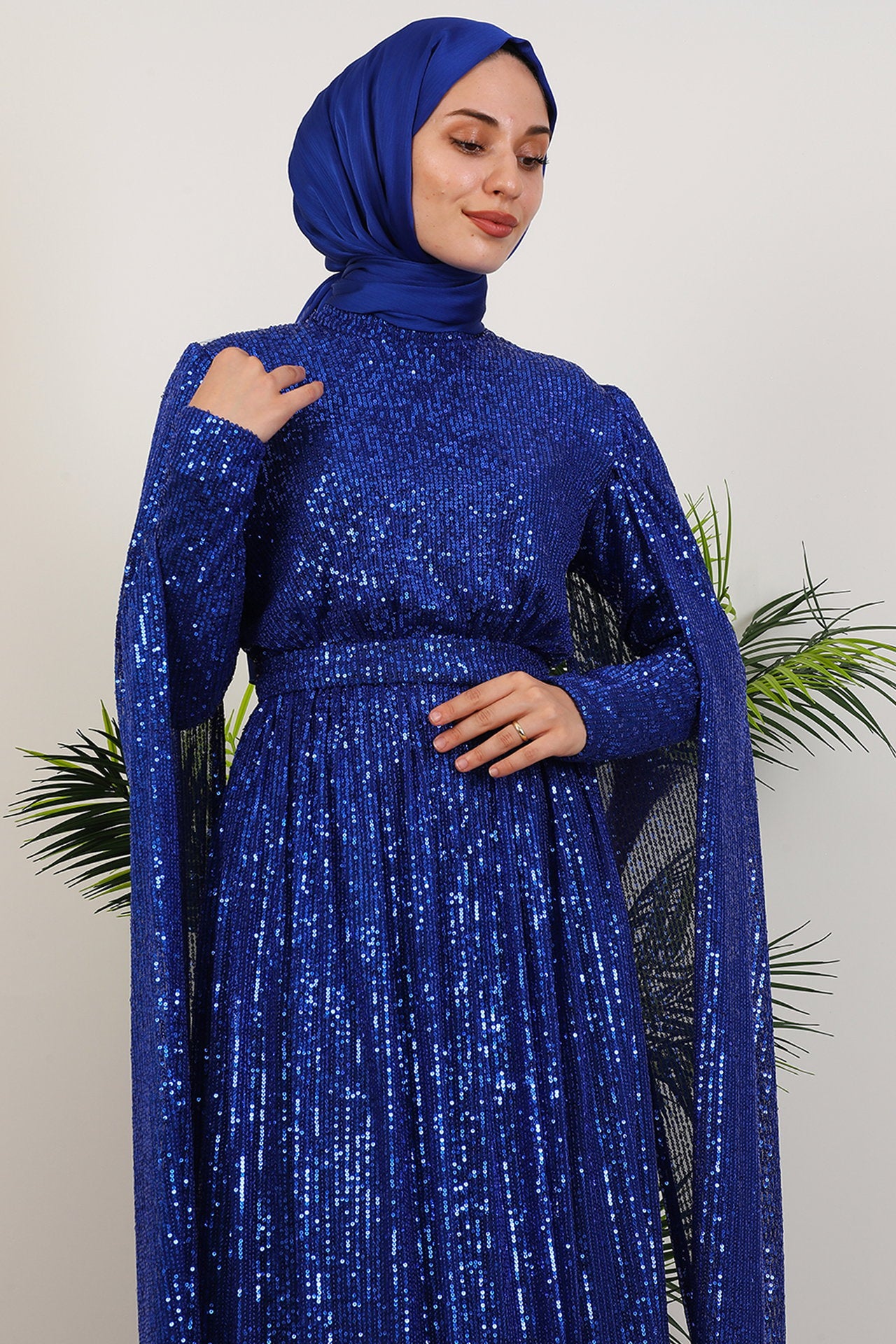 Sequin Evening Dress with Cape in Saks Blue