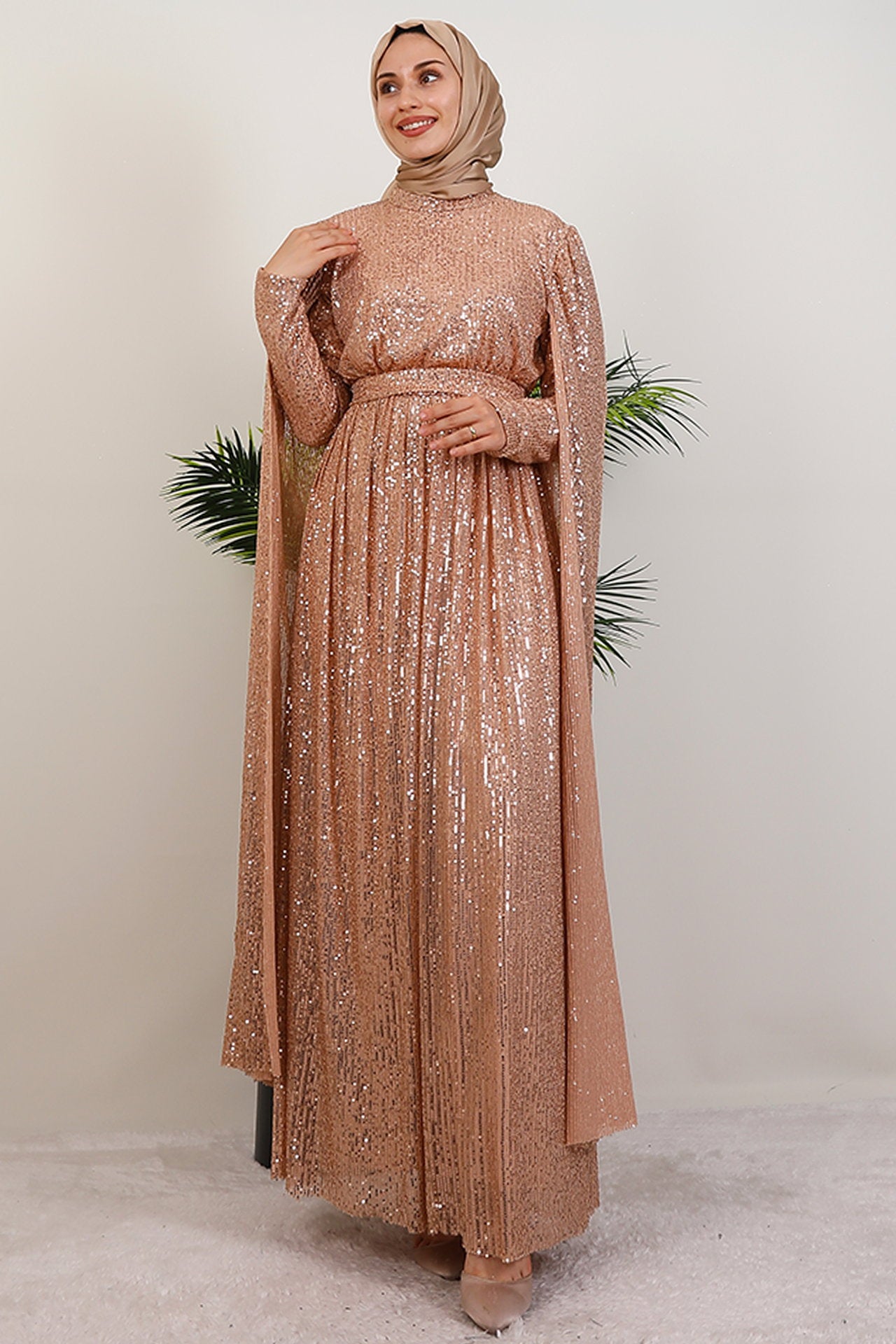 Sequin Cape Evening Dress in Milk Coffee