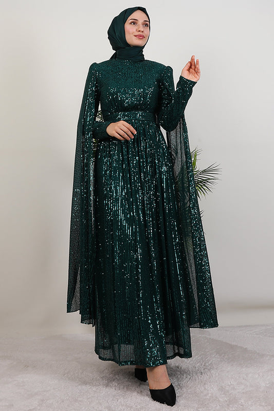 Sequin Emerald Evening Dress with Cape