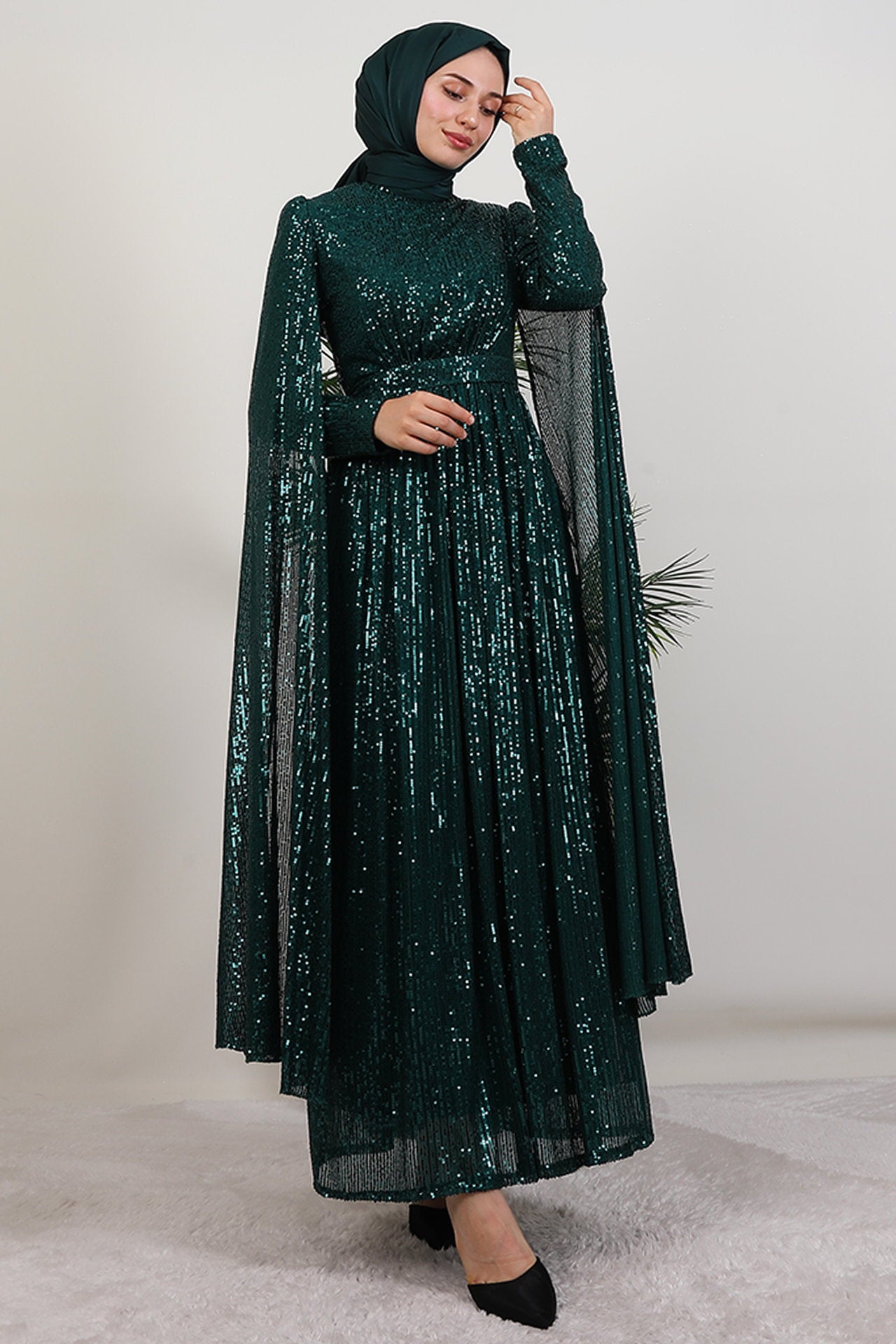 Sequin Emerald Evening Dress with Cape