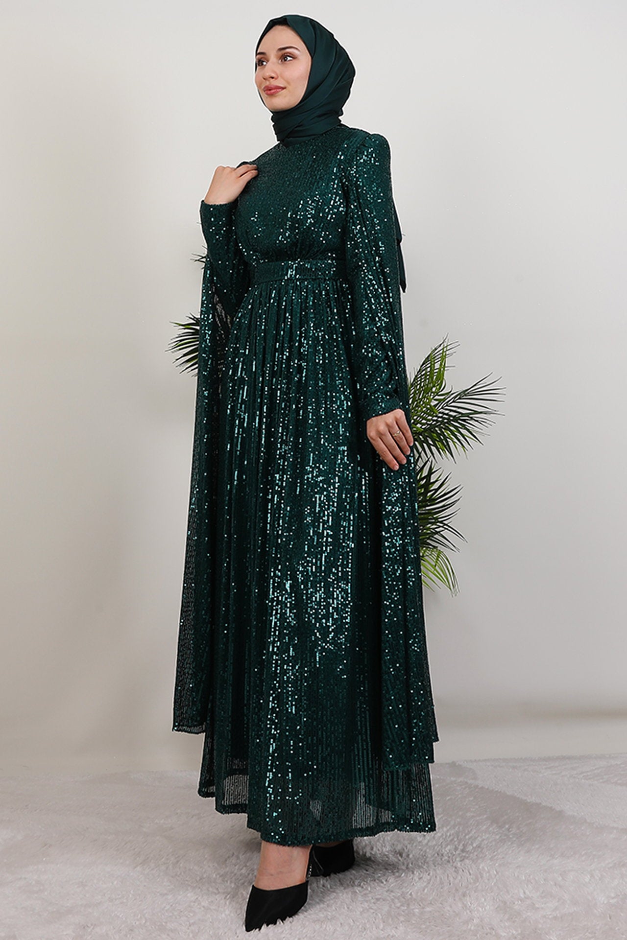 Sequin Emerald Evening Dress with Cape