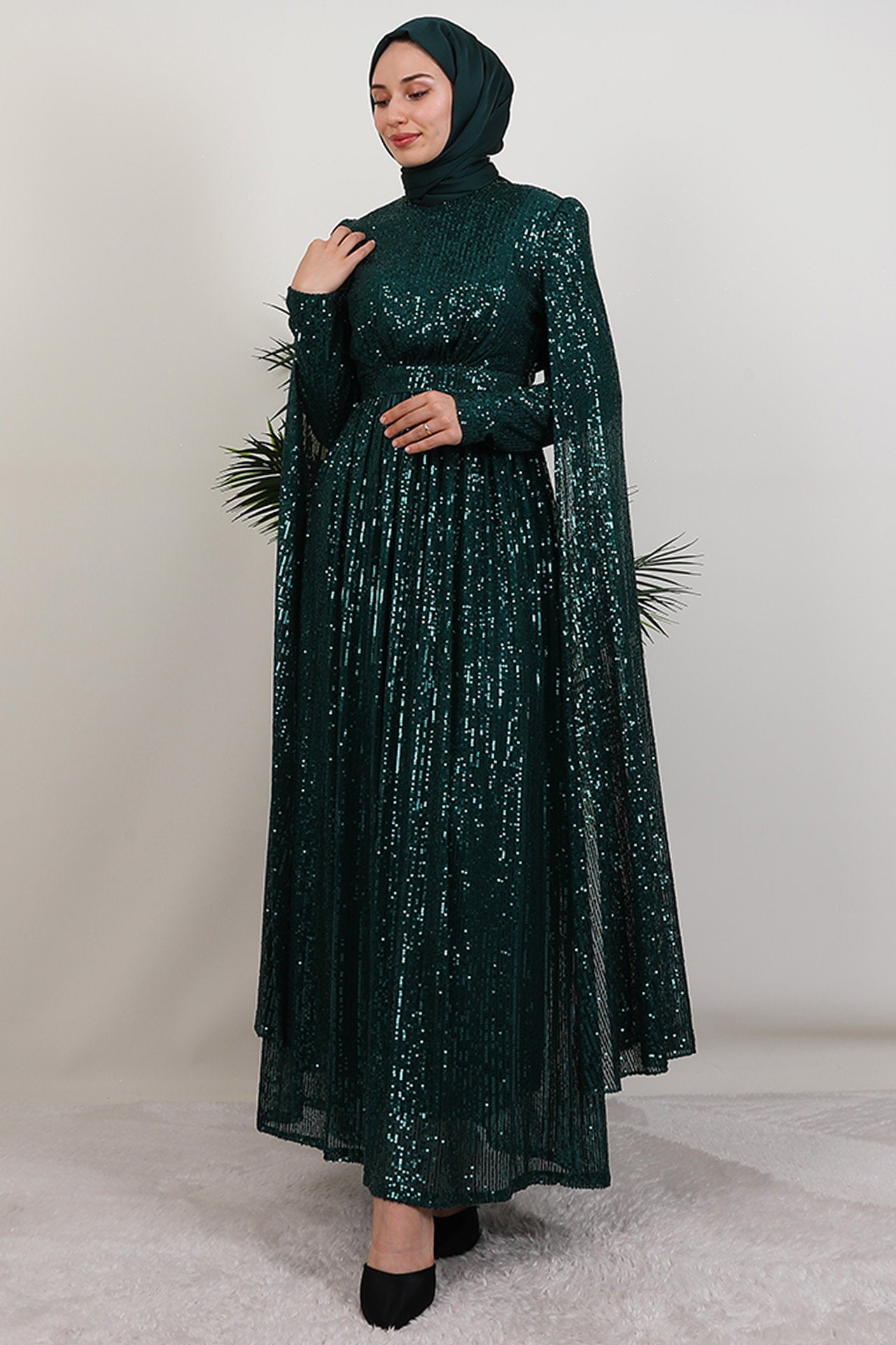 Sequin Emerald Evening Dress with Cape