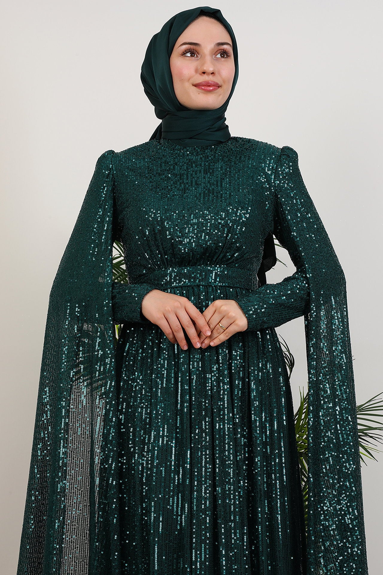 Sequin Emerald Evening Dress with Cape