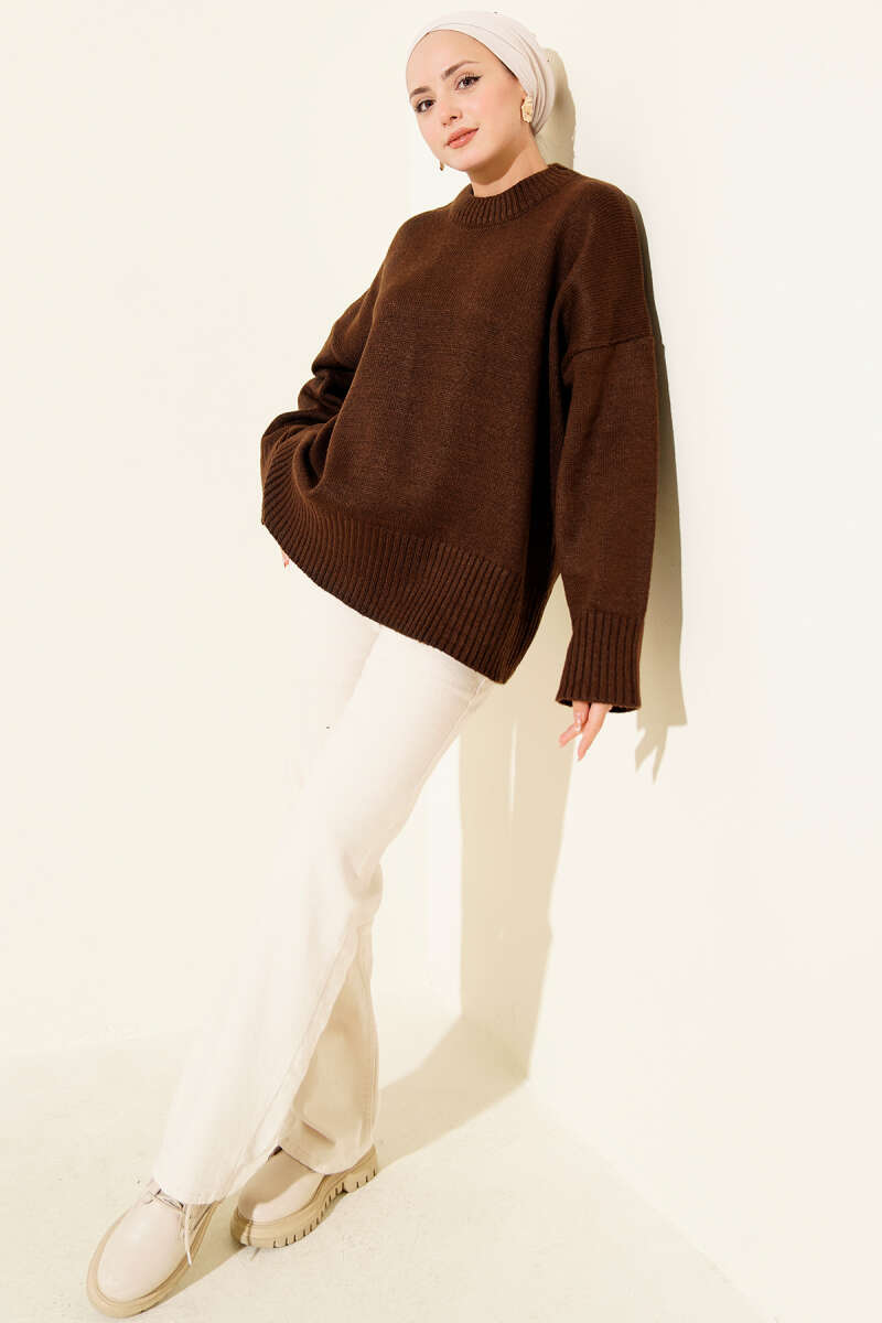 Riban Görünümlü Triko Tunik kahverengi