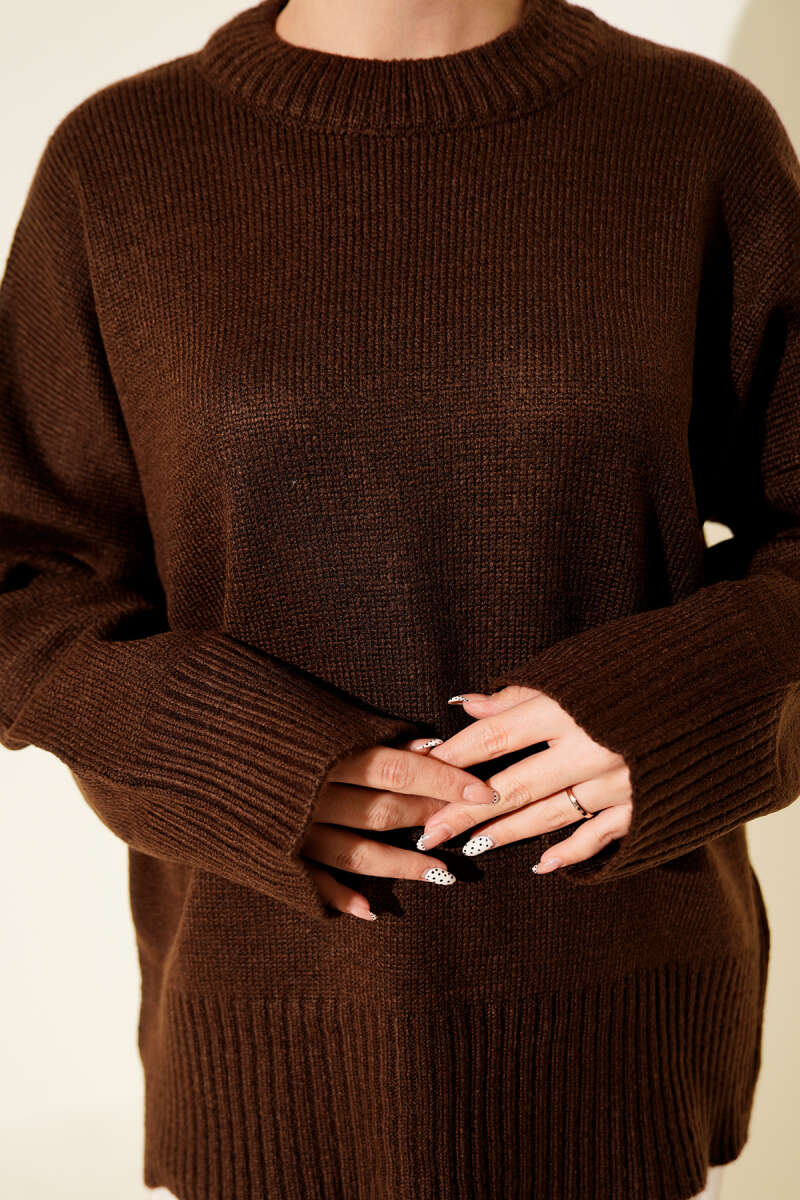 Riban Görünümlü Triko Tunik kahverengi