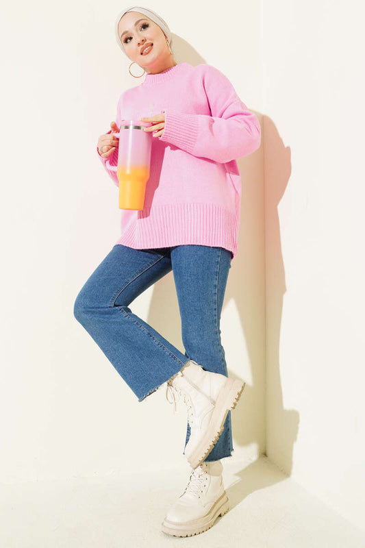 Riban Görünümlü Triko Tunik pembe