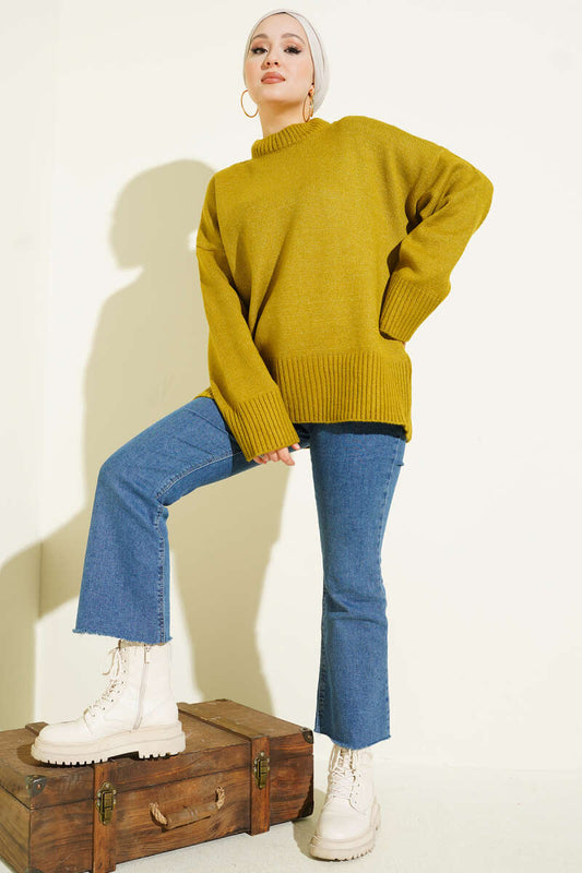 Riban Görünümlü Triko Tunik yağ yeşili