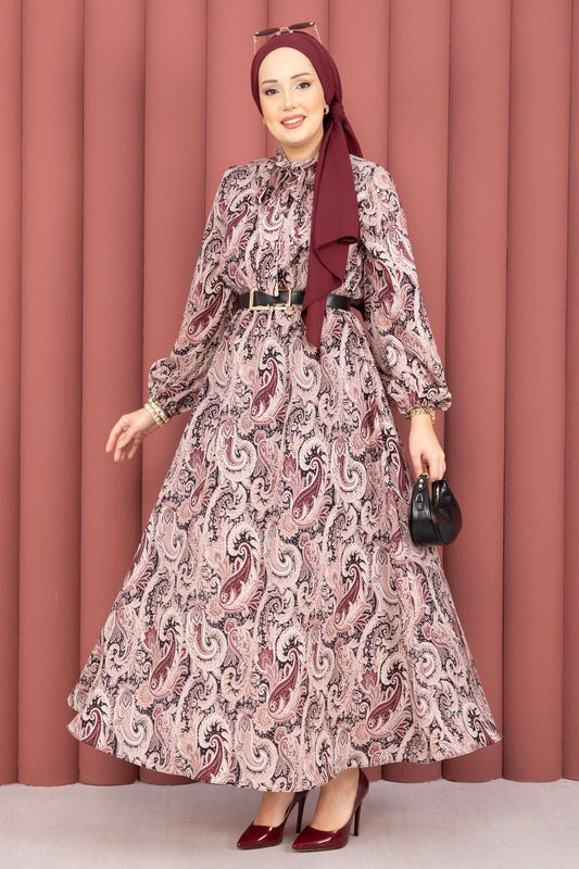 Şal Desen Beli Büzgülü Tesettür Elbise Mürdüm