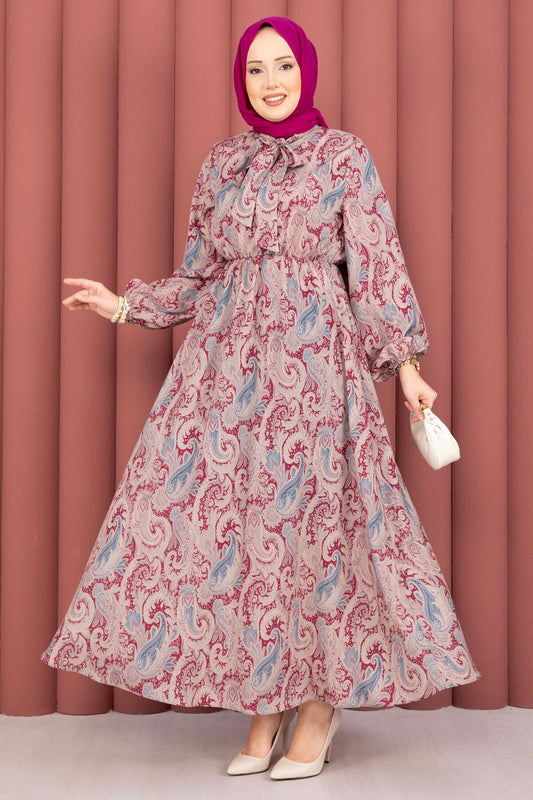 Şal Desen Beli Büzgülü Tesettür Elbise fuşya