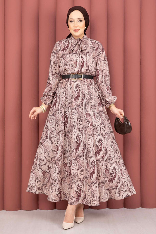 Şal Desen Beli Büzgülü Tesettür Elbise bordo
