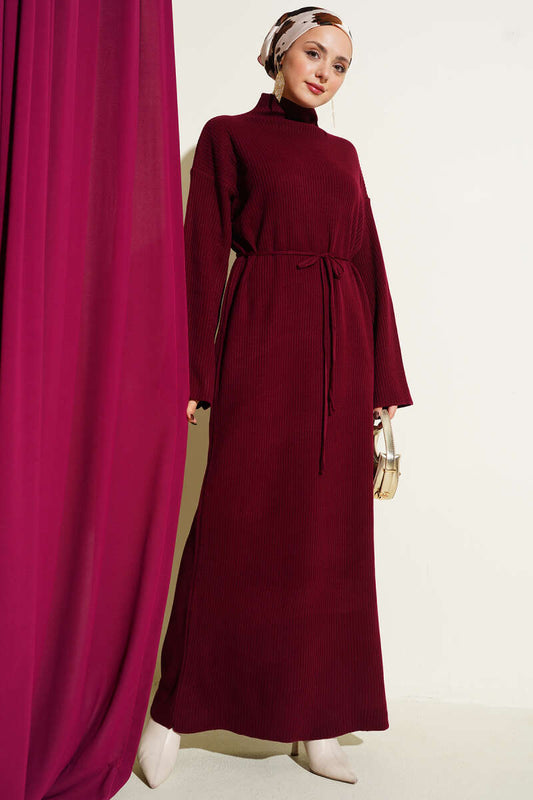 Loose Belted Knit Dress Burgundy