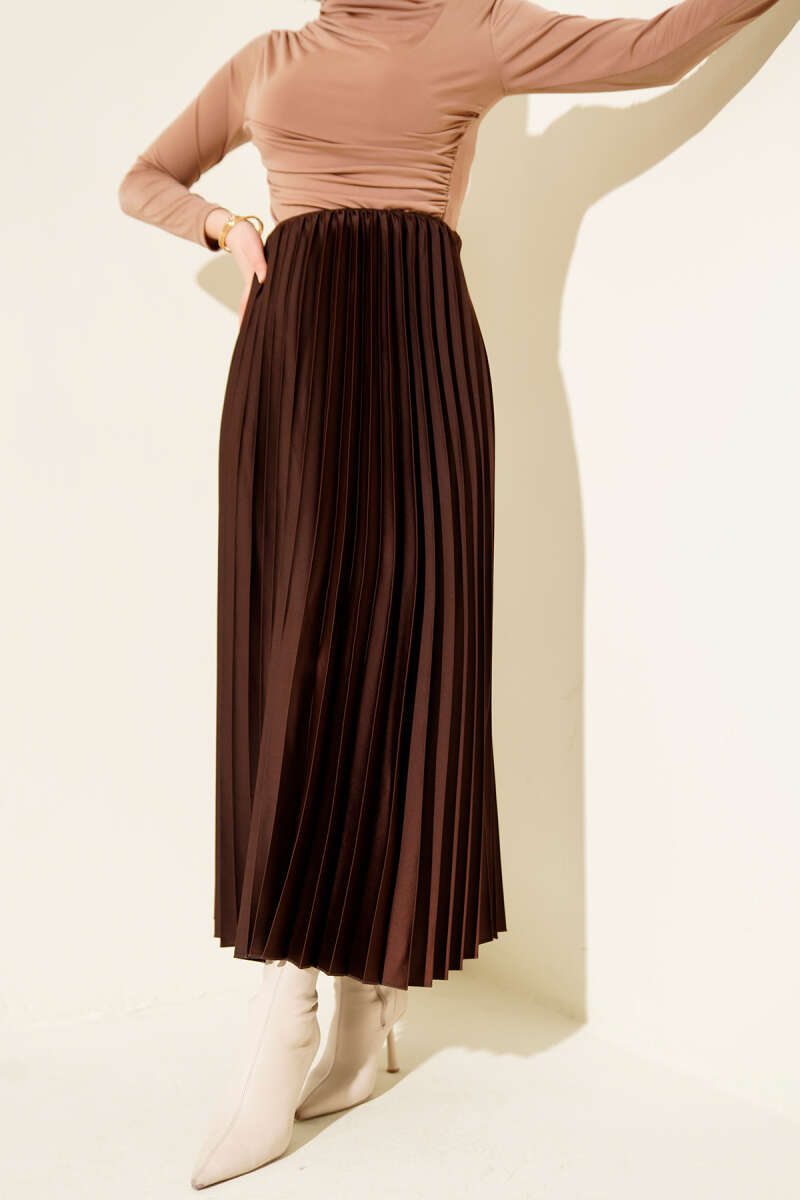 Saten Görünümlü Pileli Etek  kahverengi