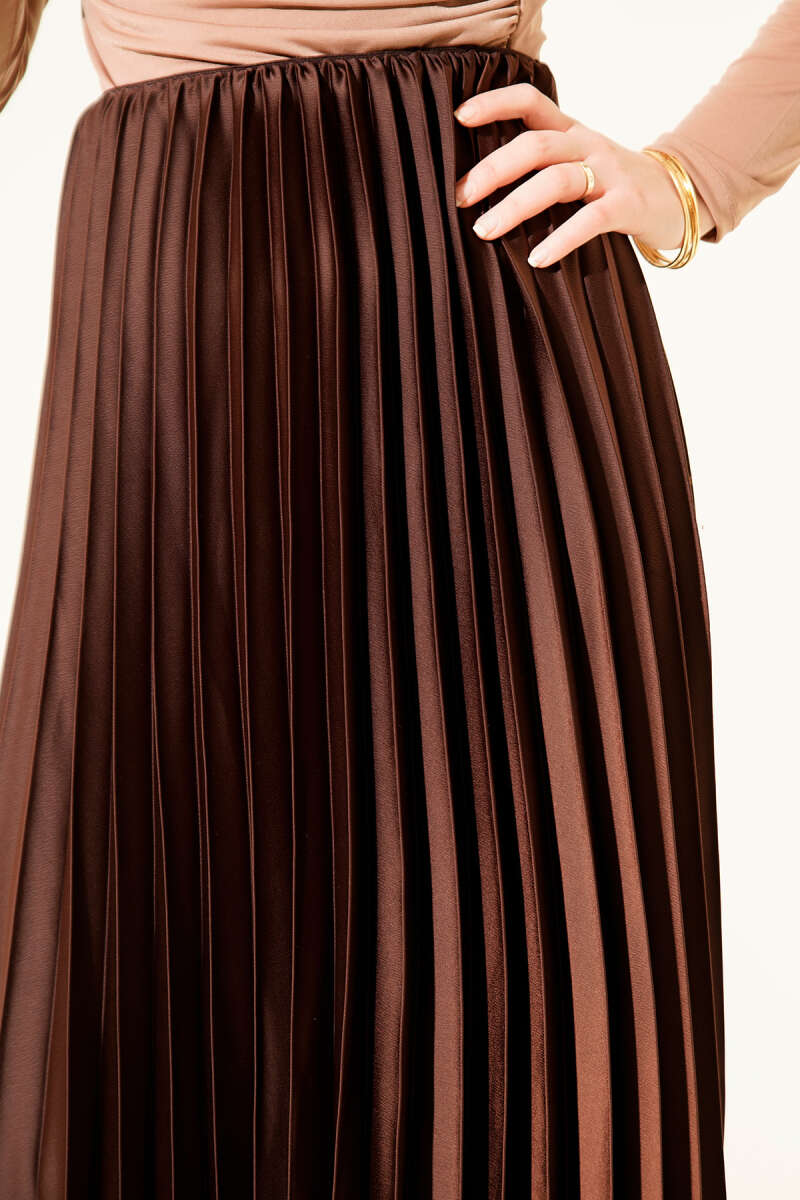 Saten Görünümlü Pileli Etek  kahverengi