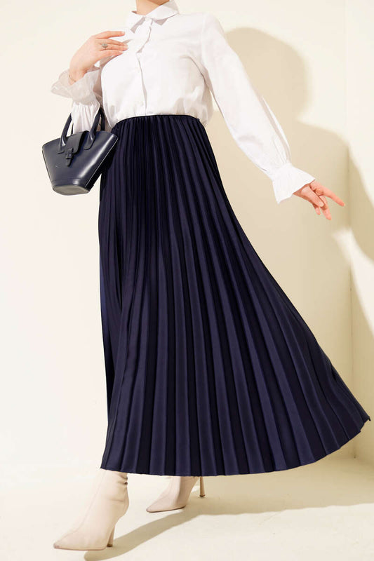 Saten Görünümlü Pileli Etek  Lacivert