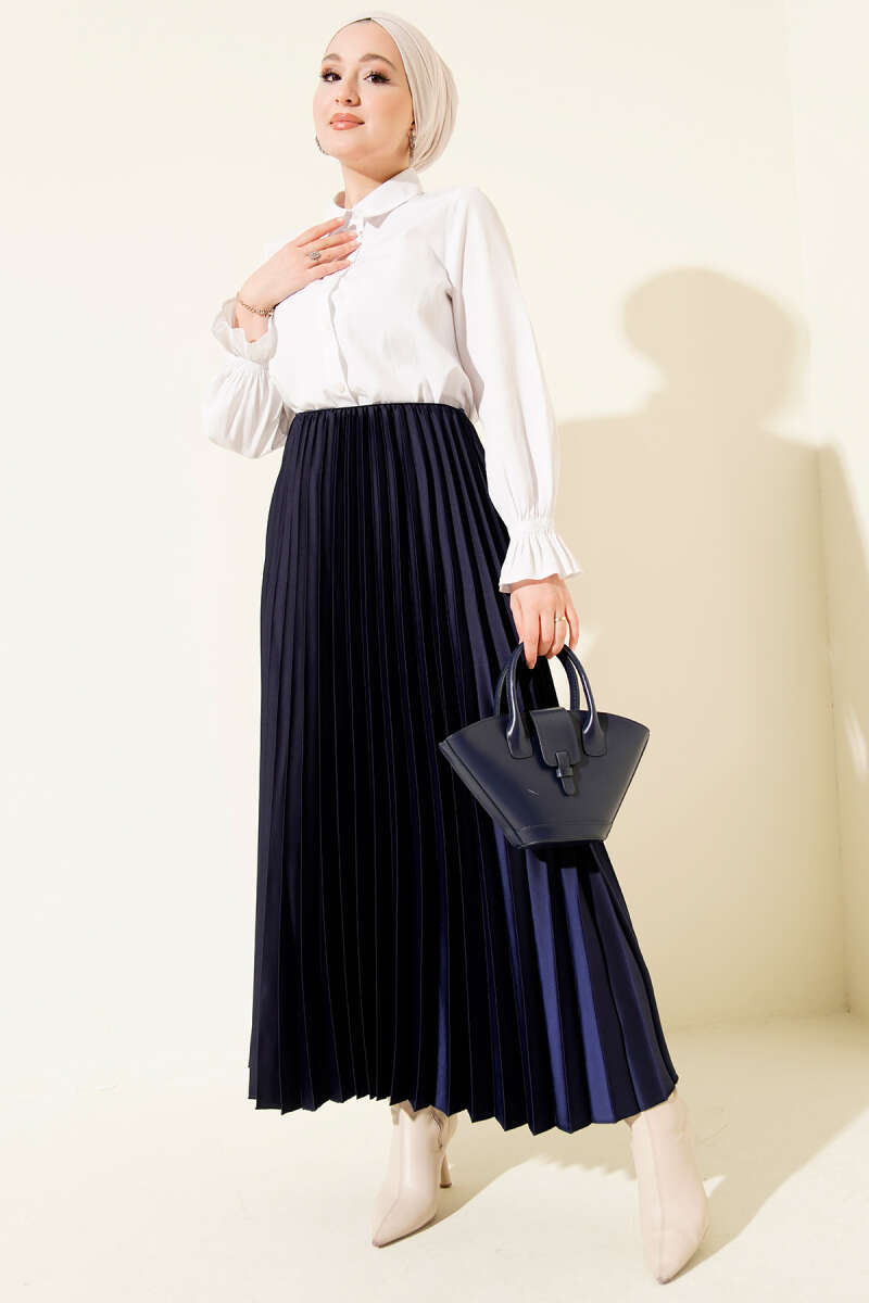 Saten Görünümlü Pileli Etek  Lacivert