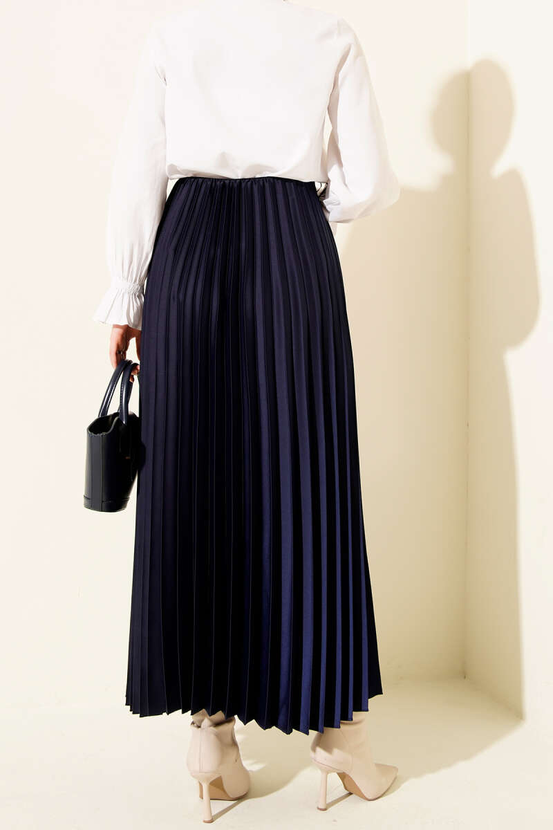 Saten Görünümlü Pileli Etek  Lacivert