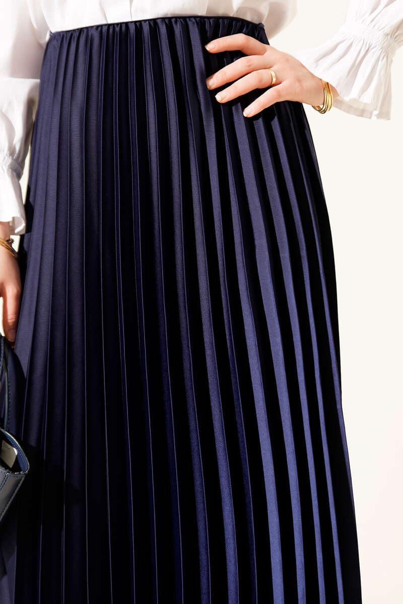 Saten Görünümlü Pileli Etek  Lacivert