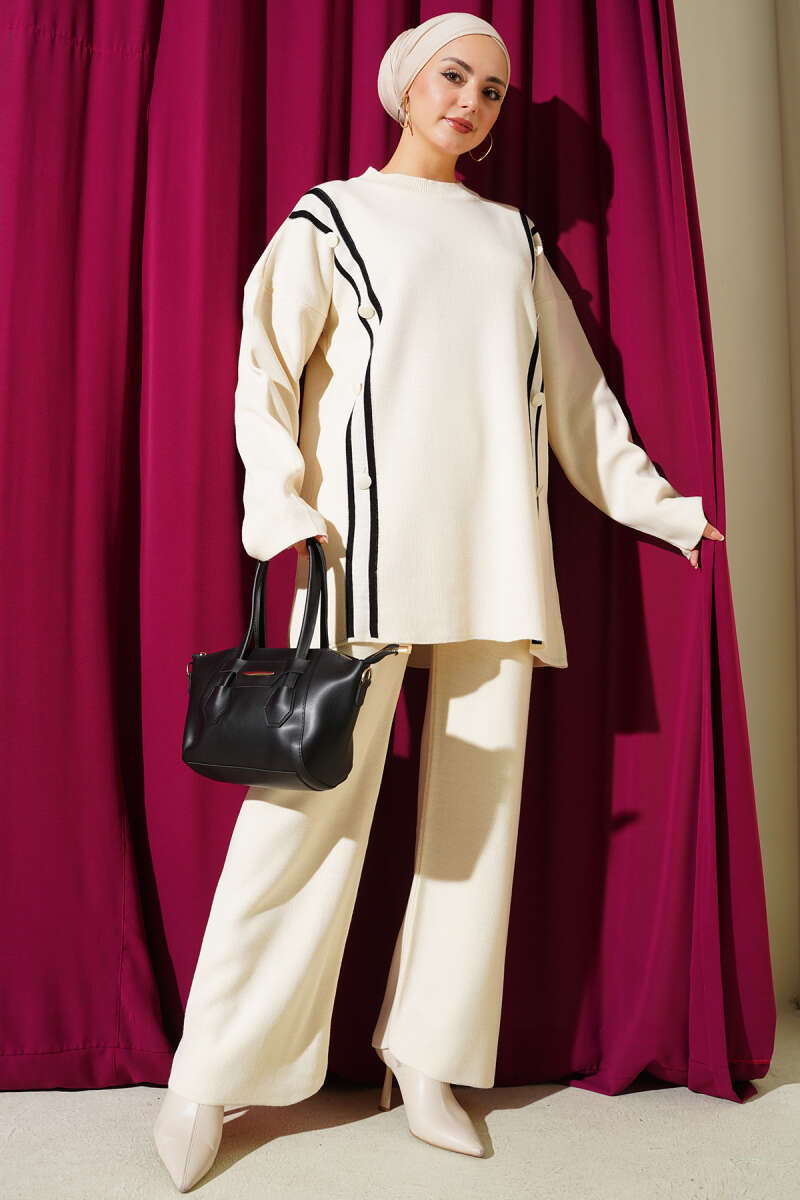 Düğmeli Triko İkili Takım ekru