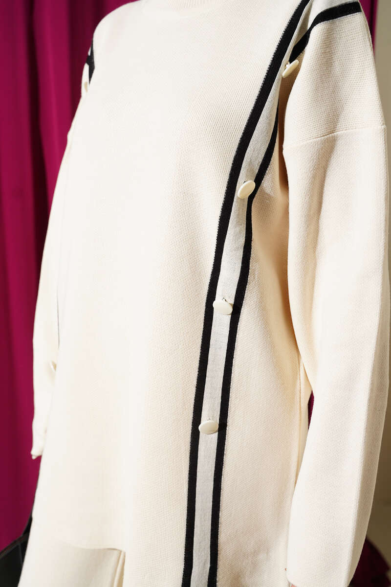 Düğmeli Triko İkili Takım ekru