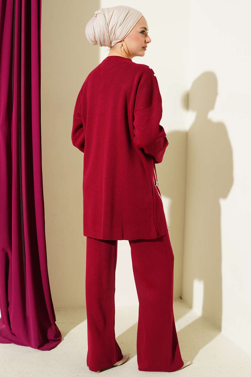 Düğmeli Triko İkili Takım Kırmızı