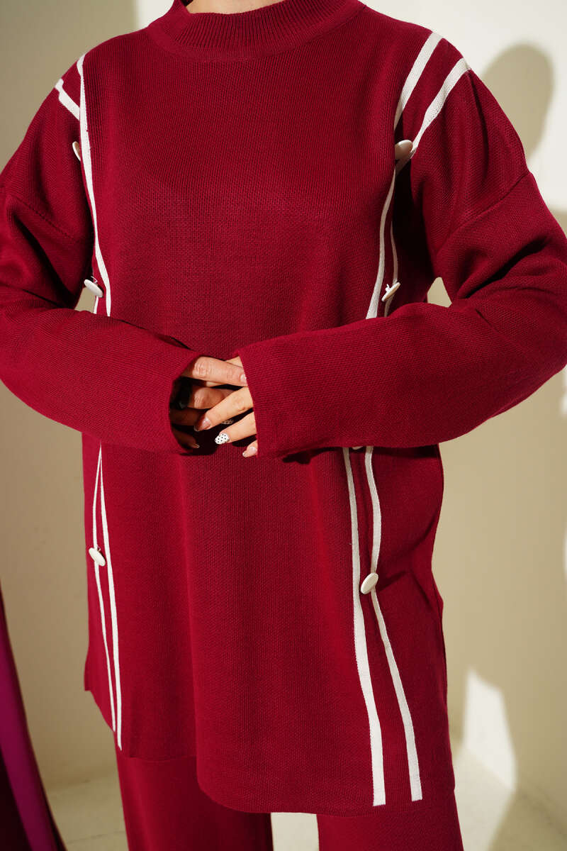 Düğmeli Triko İkili Takım Kırmızı