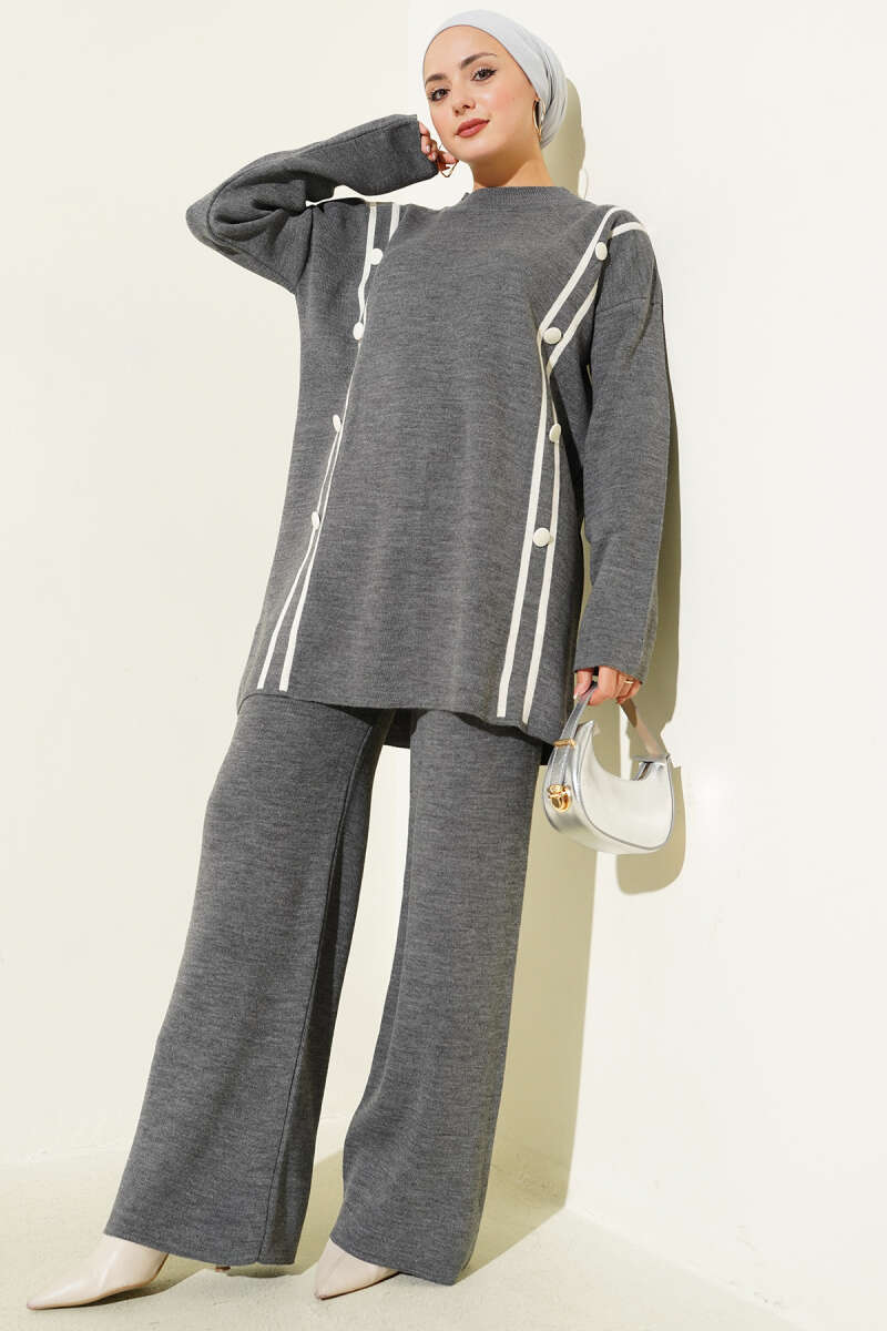 Düğmeli Triko İkili Takım gri