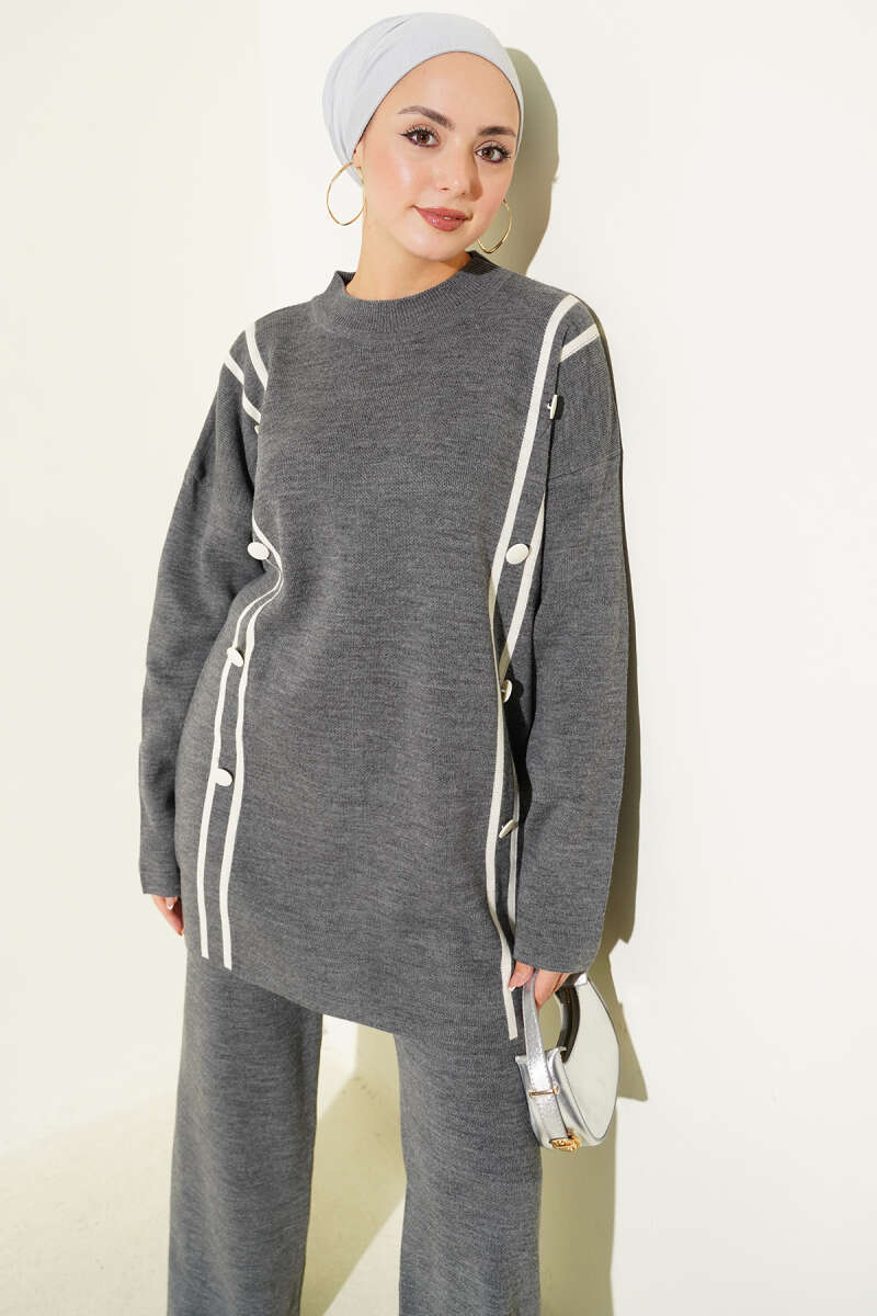 Düğmeli Triko İkili Takım gri