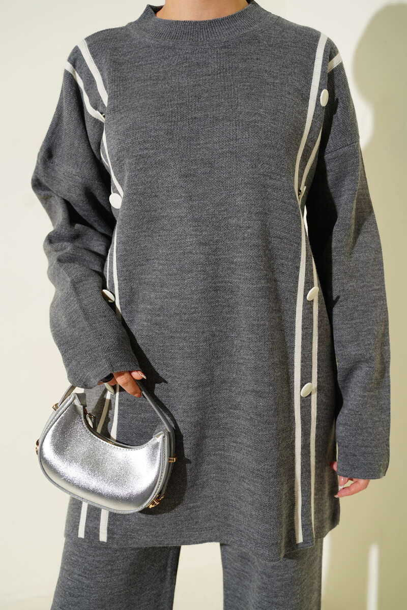 Düğmeli Triko İkili Takım gri