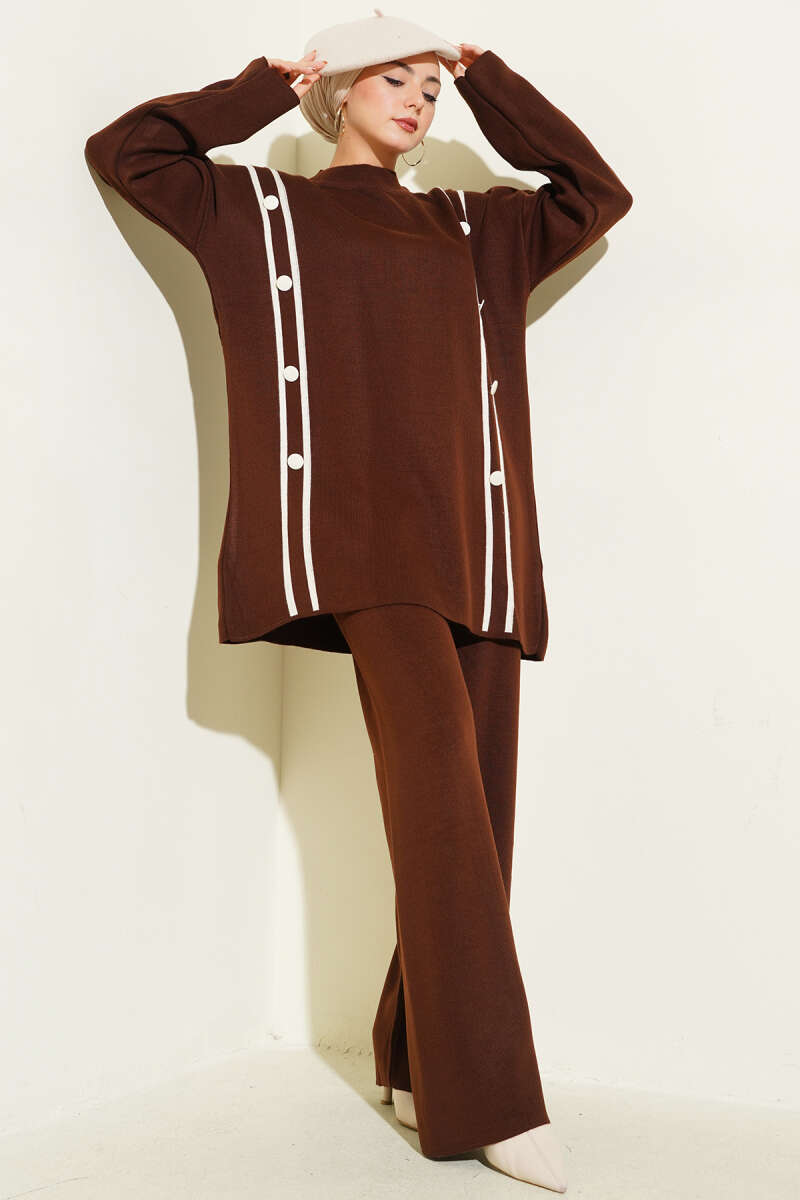 Düğmeli Triko İkili Takım kahverengi