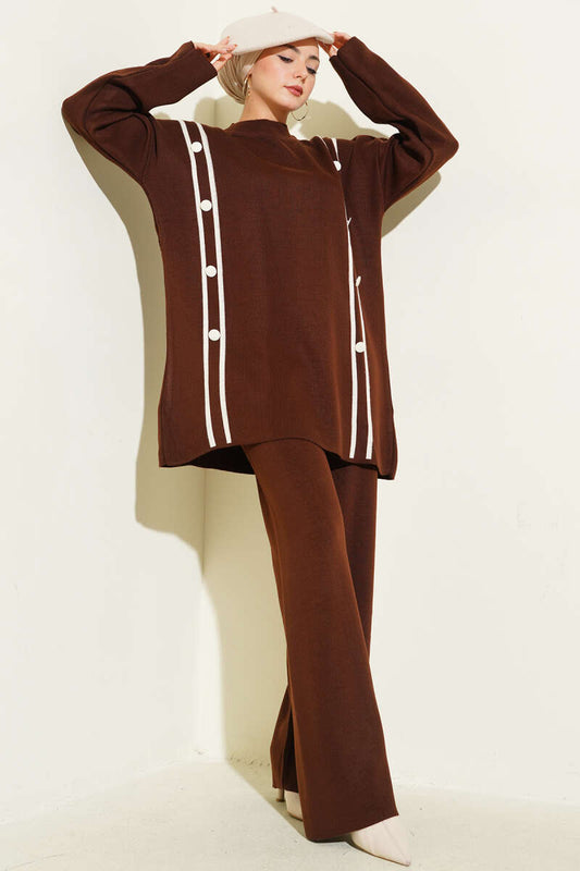 Düğmeli Triko İkili Takım kahverengi