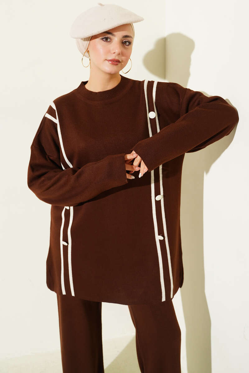 Düğmeli Triko İkili Takım kahverengi