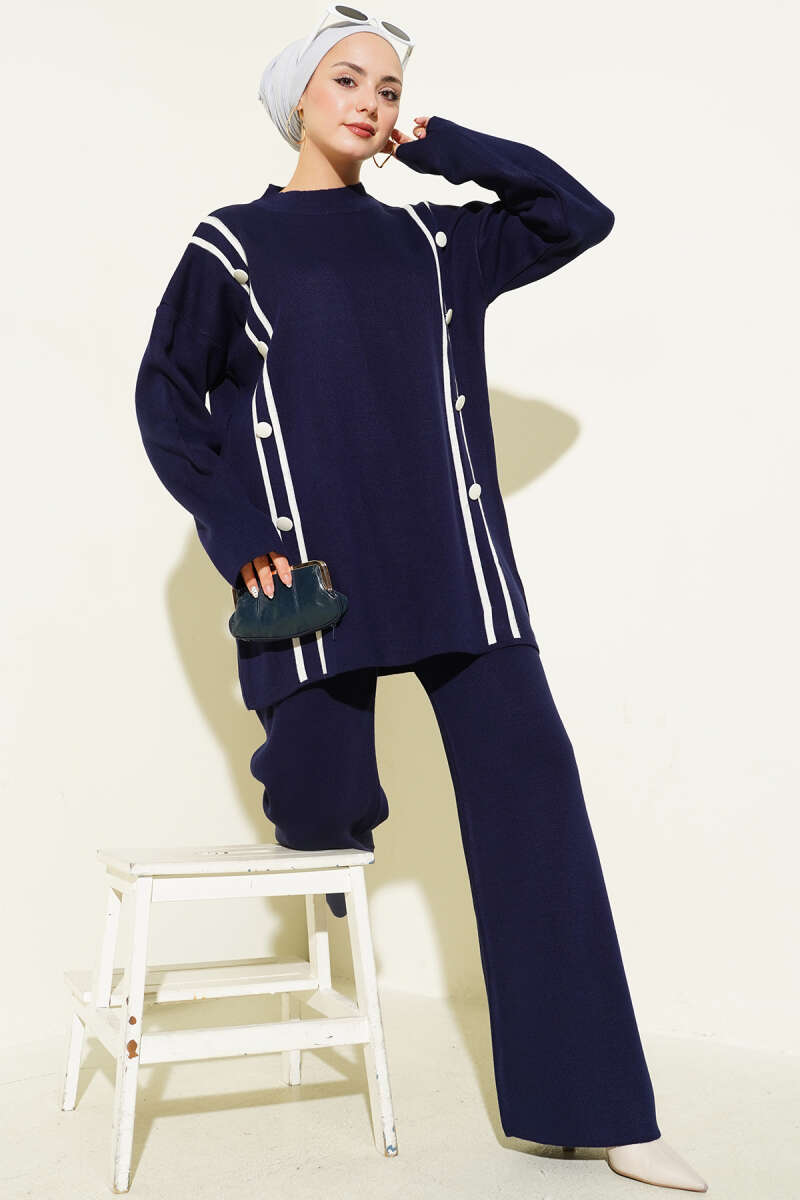 Düğmeli Triko İkili Takım Lacivert