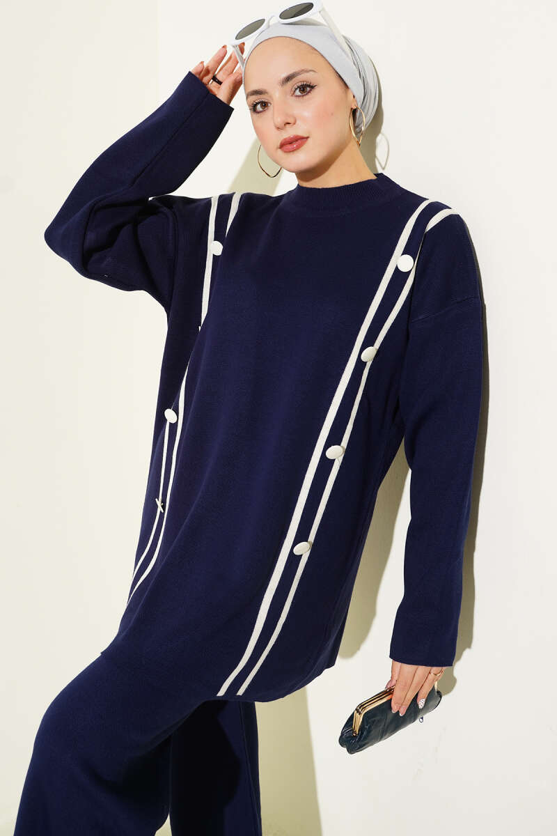 Düğmeli Triko İkili Takım Lacivert