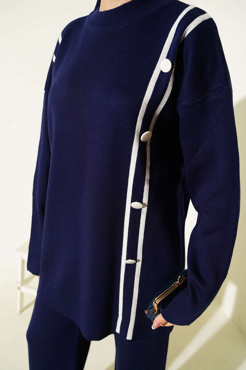 Düğmeli Triko İkili Takım Lacivert